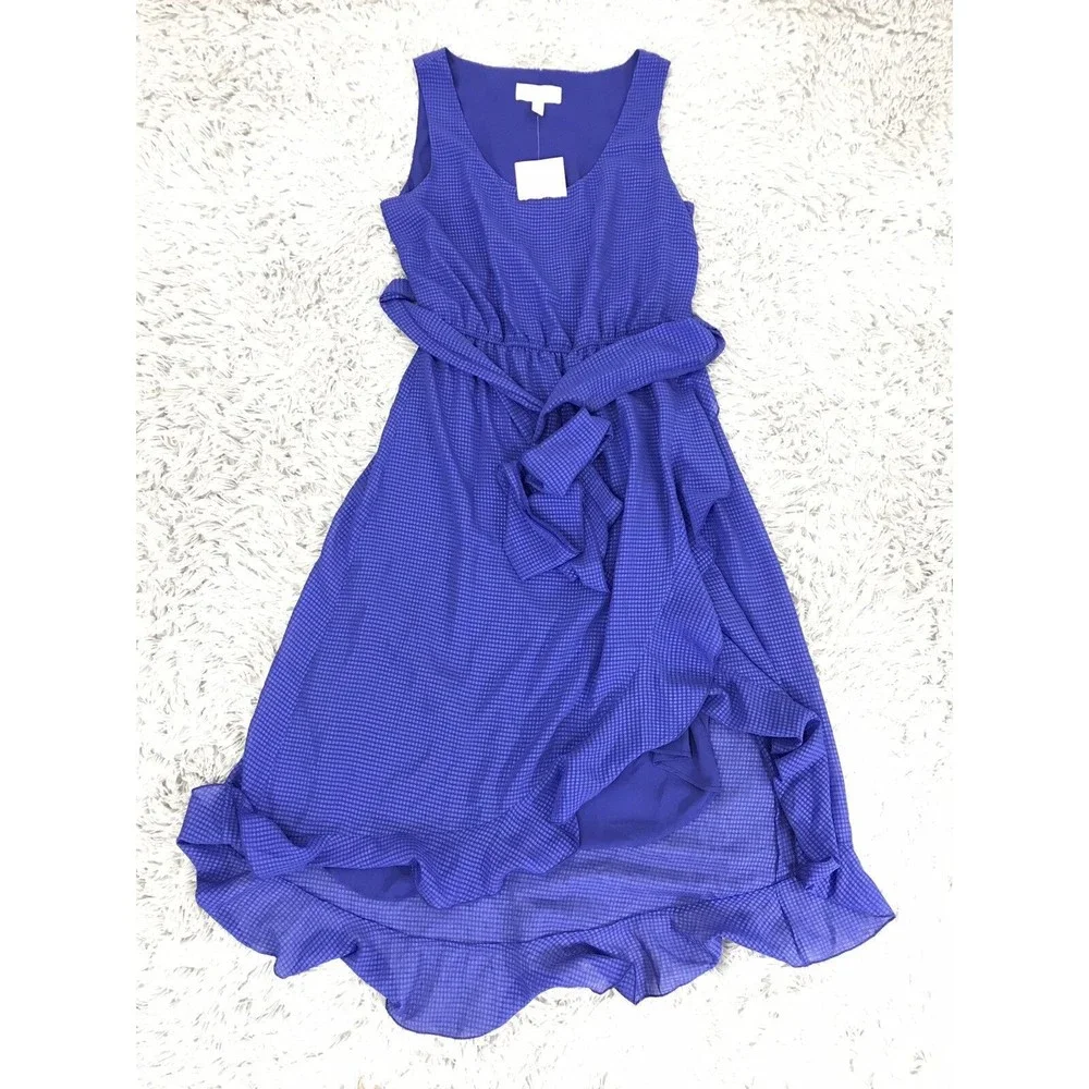 NWT Belle Badgley Mischka‎ Sleeveless Blue Ruffle Hem Tie Waist Dress Size 8